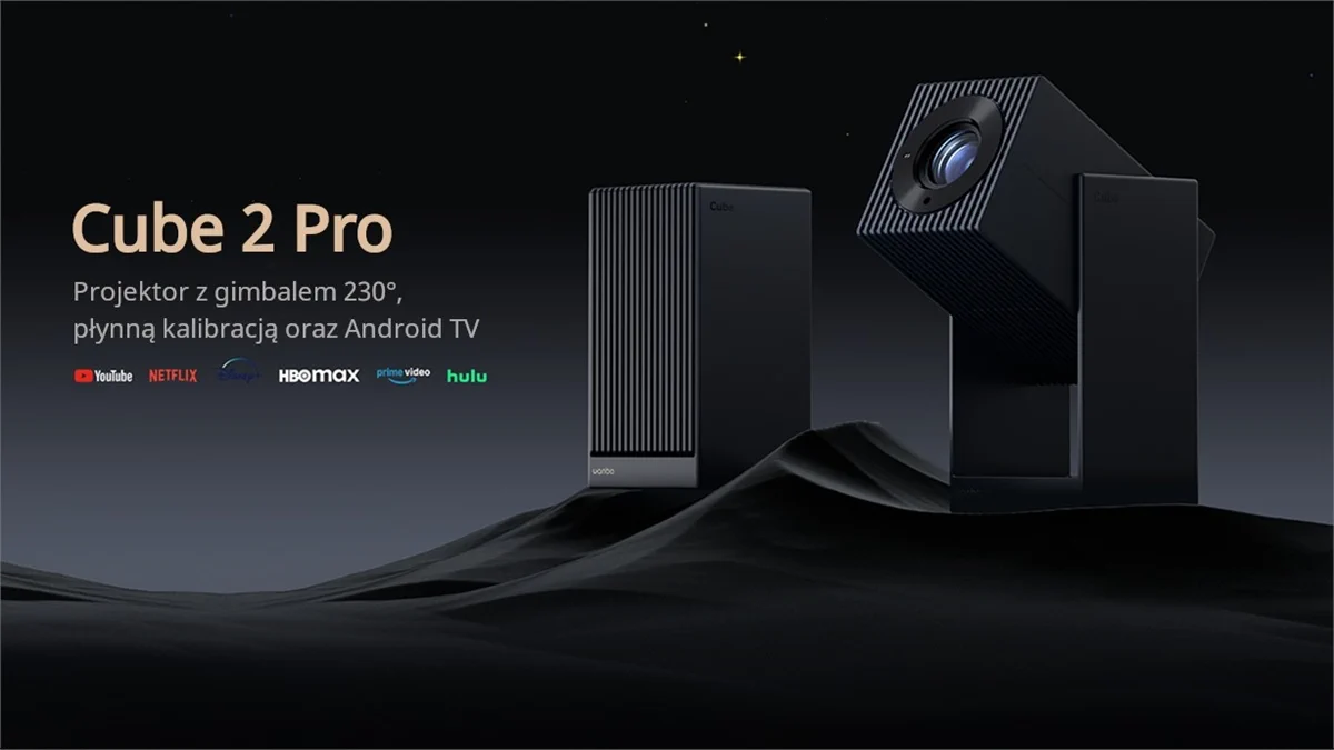 Black Wanbo Cube 2 Pro projector with swivel arm and Android TV. You can see the logos of streaming platforms