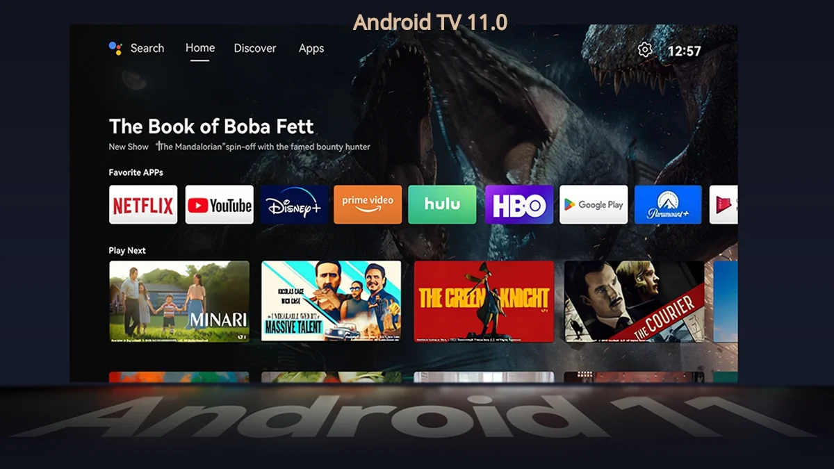 Android TV 11.0 interface with the home screen. You can see streaming apps, including Netflix, YouTube, Disney , HBO and Hulu