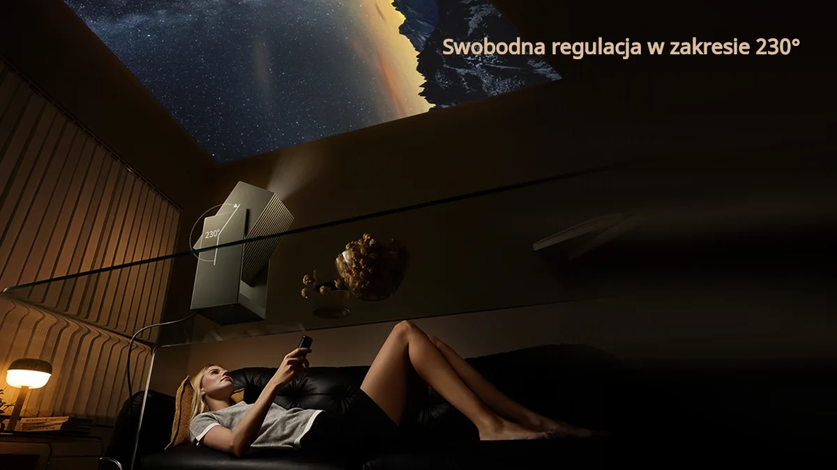 A woman relaxing on a couch and watching an image from a Wanbo Cube 2 Pro projector projected on the ceiling