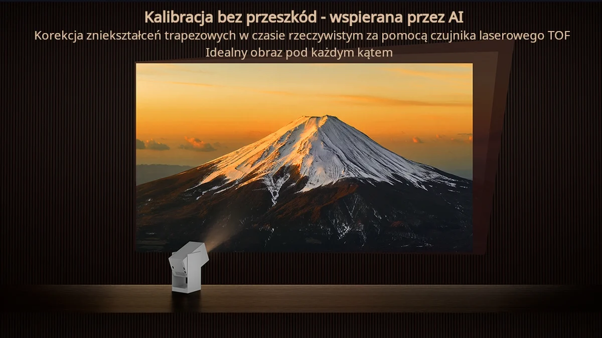AI calibration function of the Wanbo Cube 2 Pro projector. Displays an image of Mt. Fuji. Featured trapezoidal distortion correction