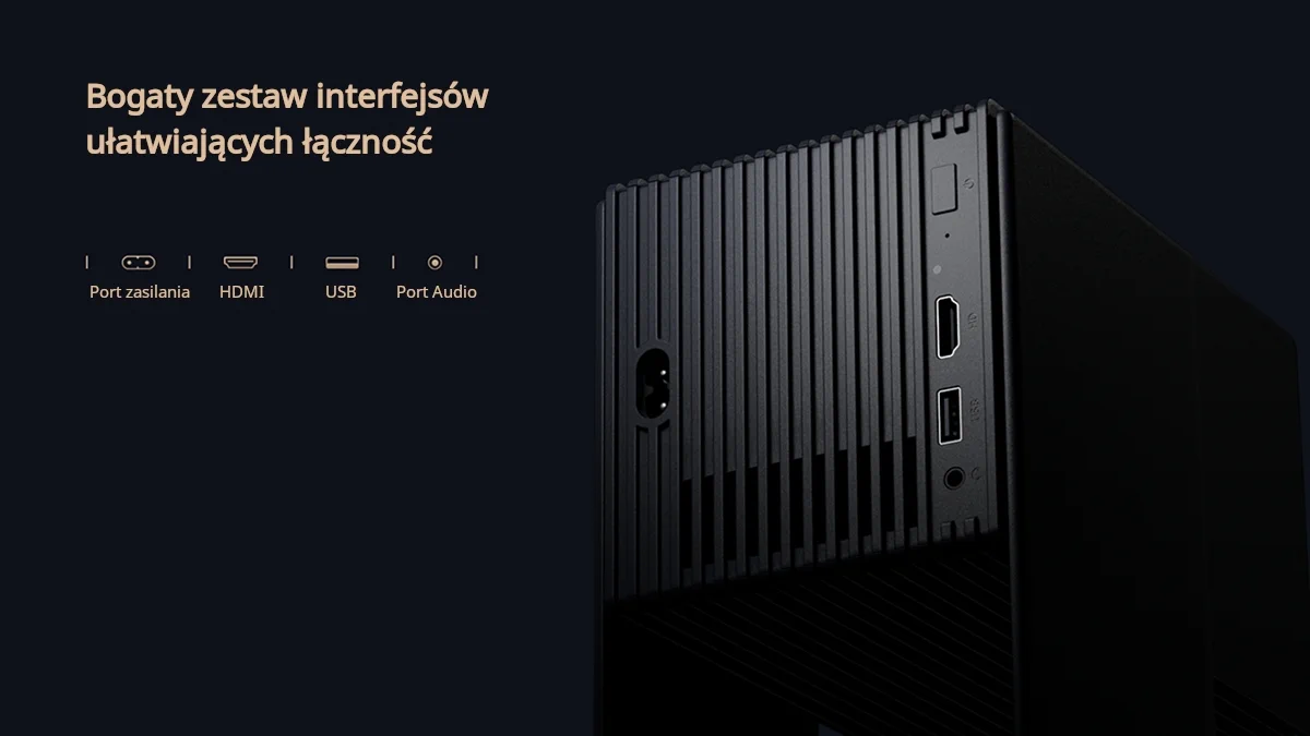 A rich set of interfaces on the Wanbo Cube 2 Pro projector. You can see the power, HDMI, USB and Audio (minijack) ports.