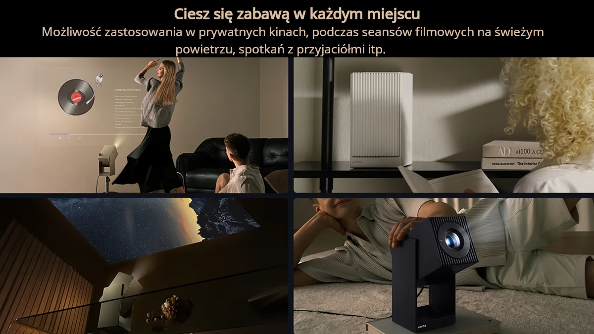 use of the Wanbo Cube 2 Pro projector in a variety of situations: at home, for outdoor screening, and for ceiling projection