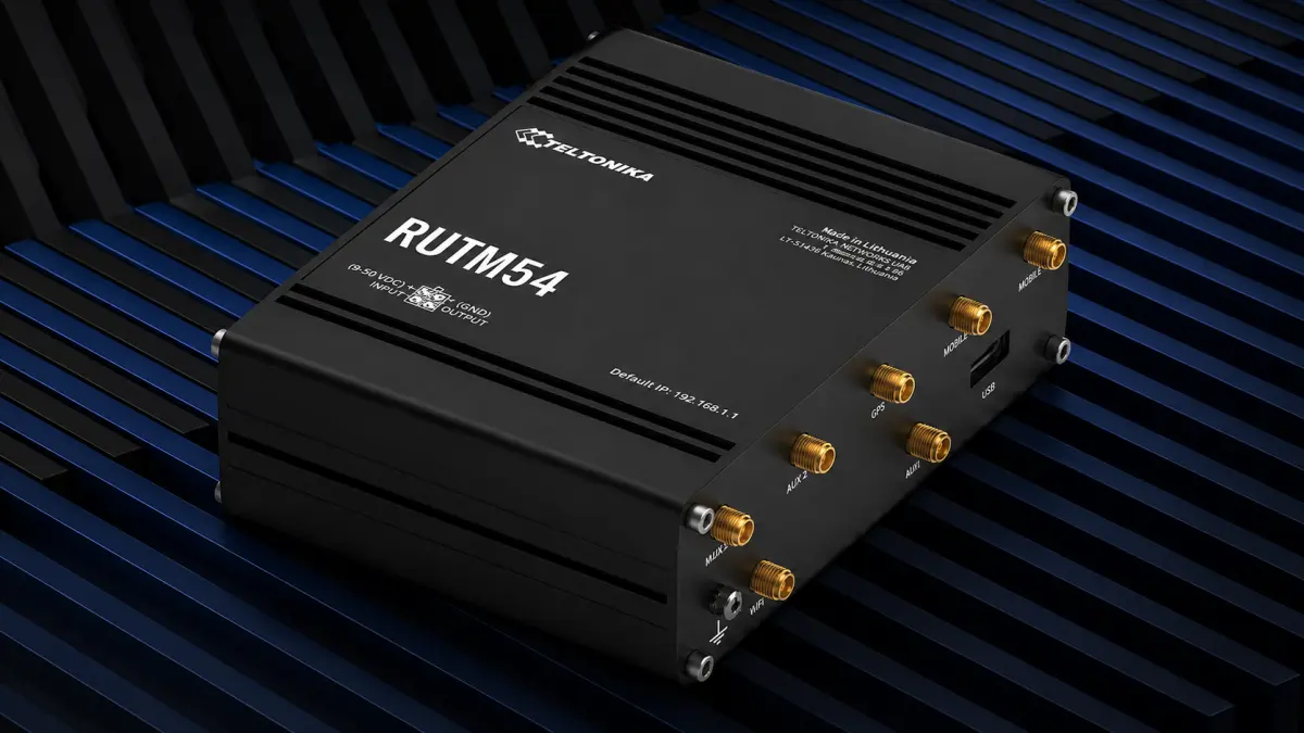 Teltonika RUTM54 router industrial 5G com caixa met&aacute;lica e conectores SMA