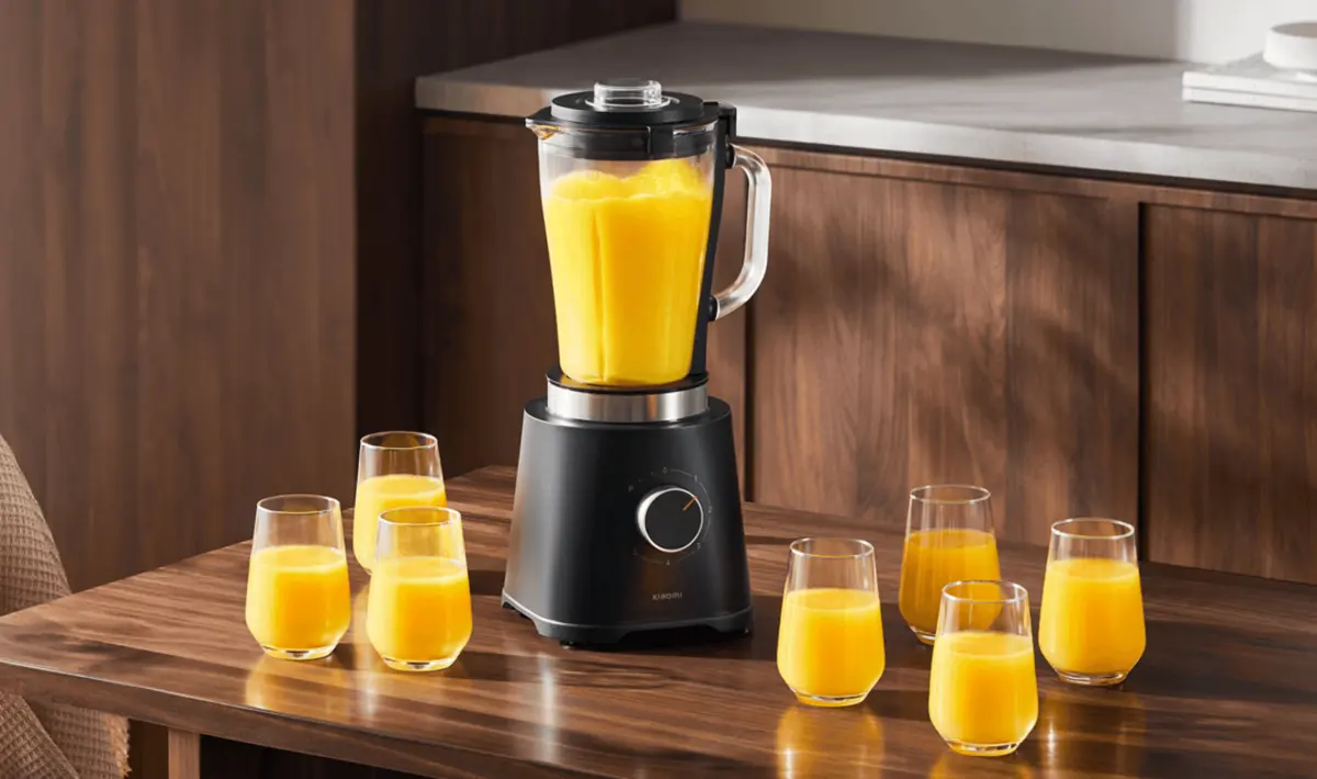 Blender Xiaomi z owocami w kielichu, ustawiony na stole obok szklanek z sokiem
