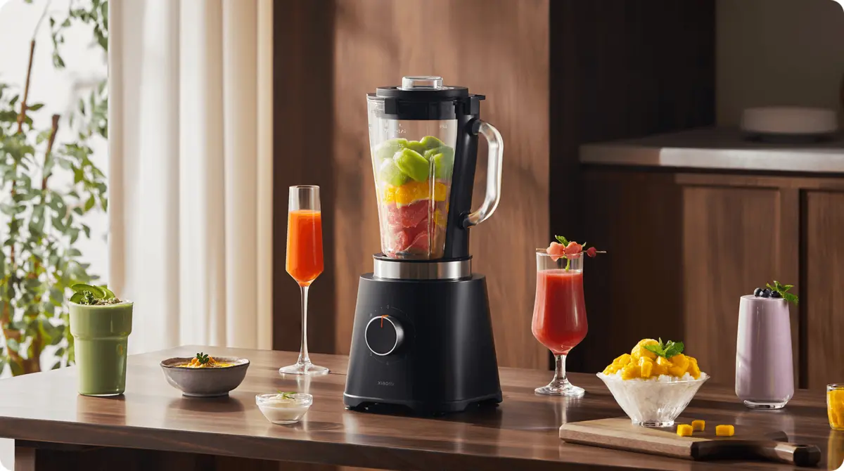 Blender Xiaomi z owocami w kielichu, pokazany na stole obok napojów w różnych szklankach i garnku z owocami