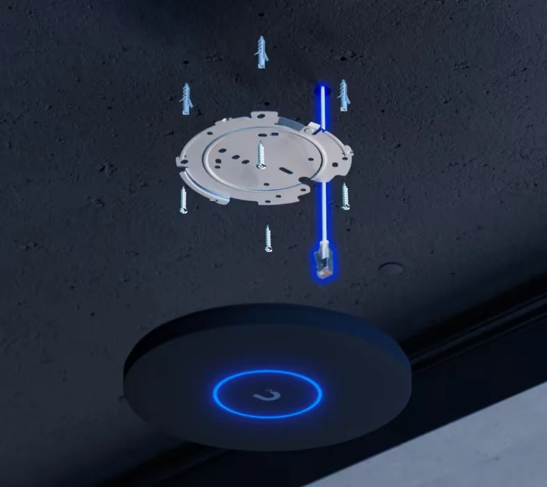 A round ceiling-mounted access point with a blue-lit ring and mounting components