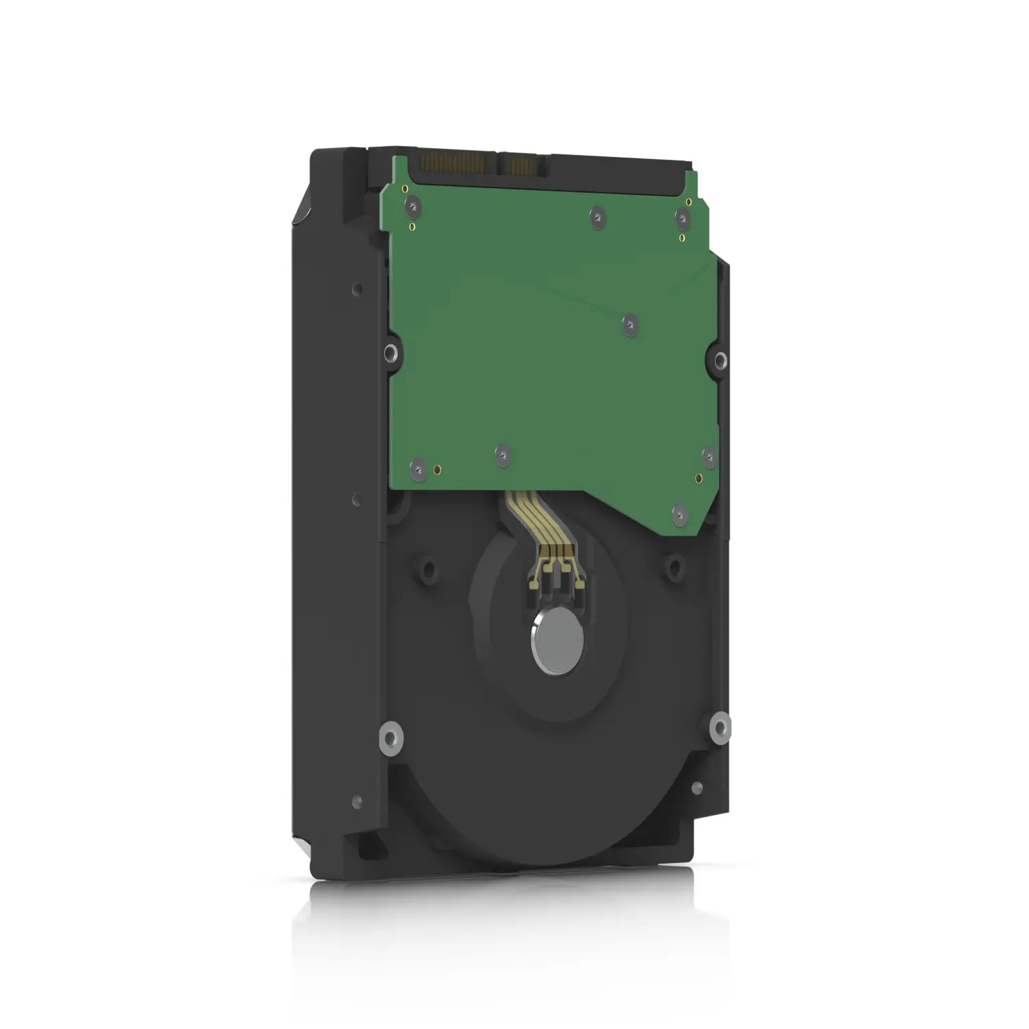 Tył dysku HDD Ubiquiti Enterprise z zieloną płytką PCB, widoczna taśma łącząca z wirnikiem