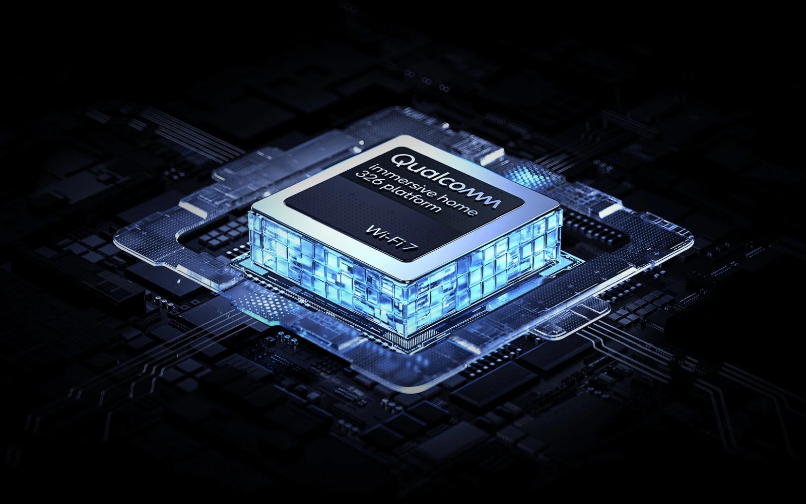 Close-up de um microprocessador Qualcomm Immersive Home 326 sobre a placa-m&atilde;e do dispositivo com ilumina&ccedil;&atilde;o azul