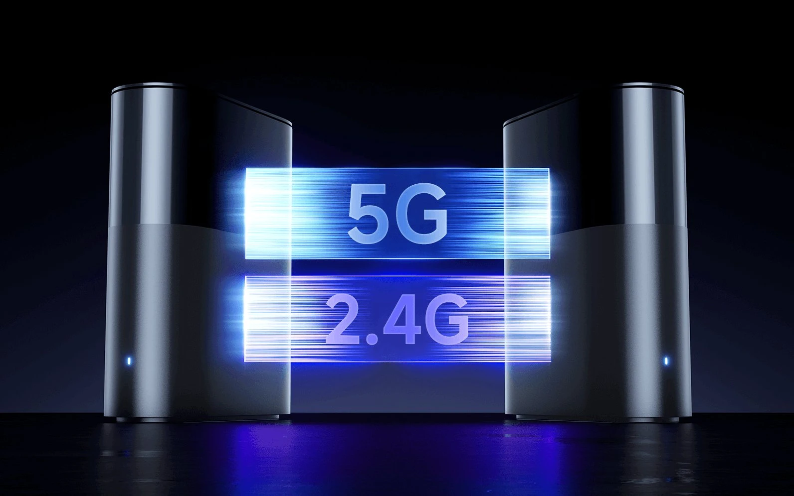 Dois roteadores Xiaomi Mesh conectados por feixes de luz simbolizando as frequ&ecirc;ncias 5G e 2.4G