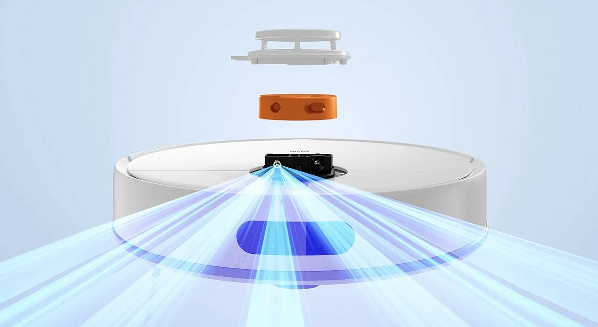 Se&ccedil;&atilde;o superior do rob&ocirc; S40C mostrando o sensor a laser e o sistema de escaneamento do espa&ccedil;o