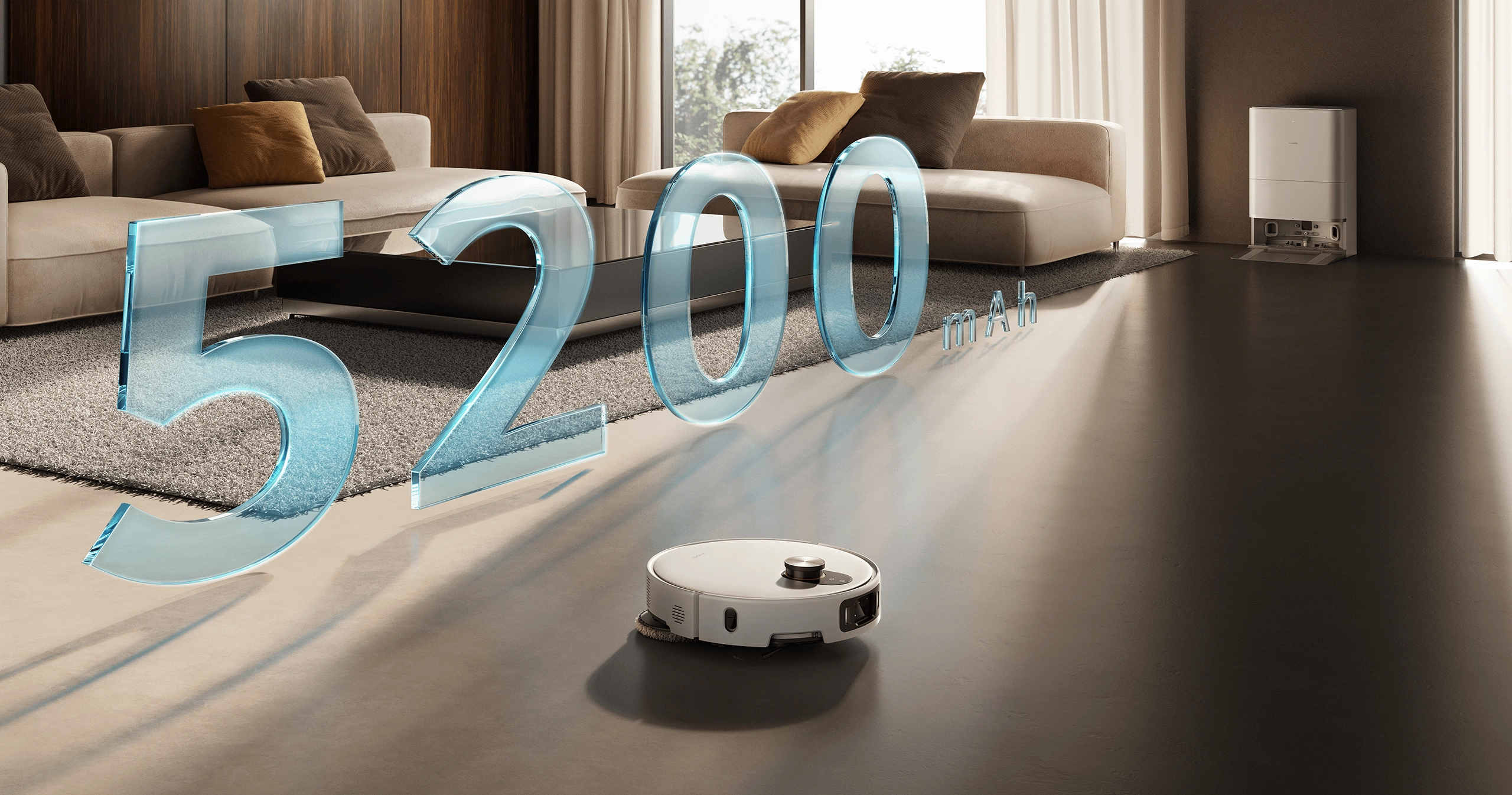 Xiaomi Robot Vacuum 5 Pro убирает в просторной гостиной, рядом отображаются данные о ёмкости батареи 5200mAh