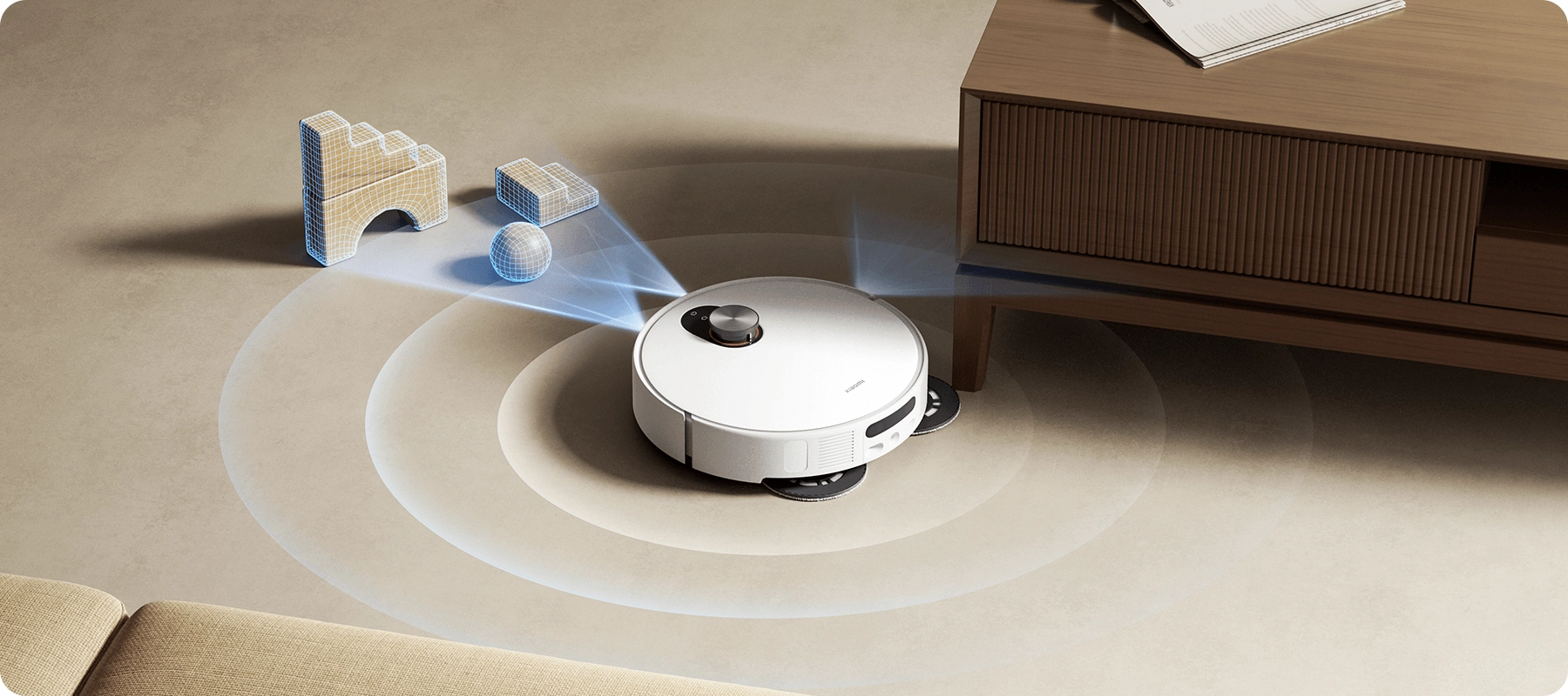 Xiaomi Robot Vacuum 5 aspira un amplio sal&oacute;n, escaneando el entorno cerca de los muebles y la vegetaci&oacute;n