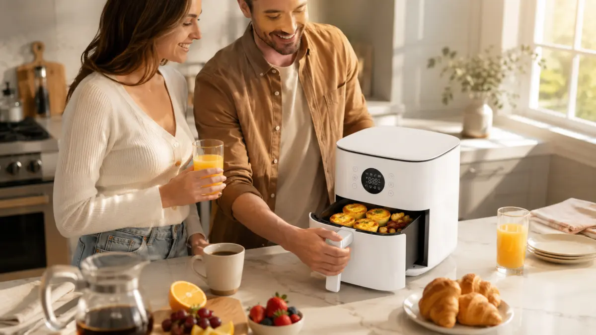 Pareja en la cocina sacando el desayuno de una freidora de aire blanca sobre la encimera