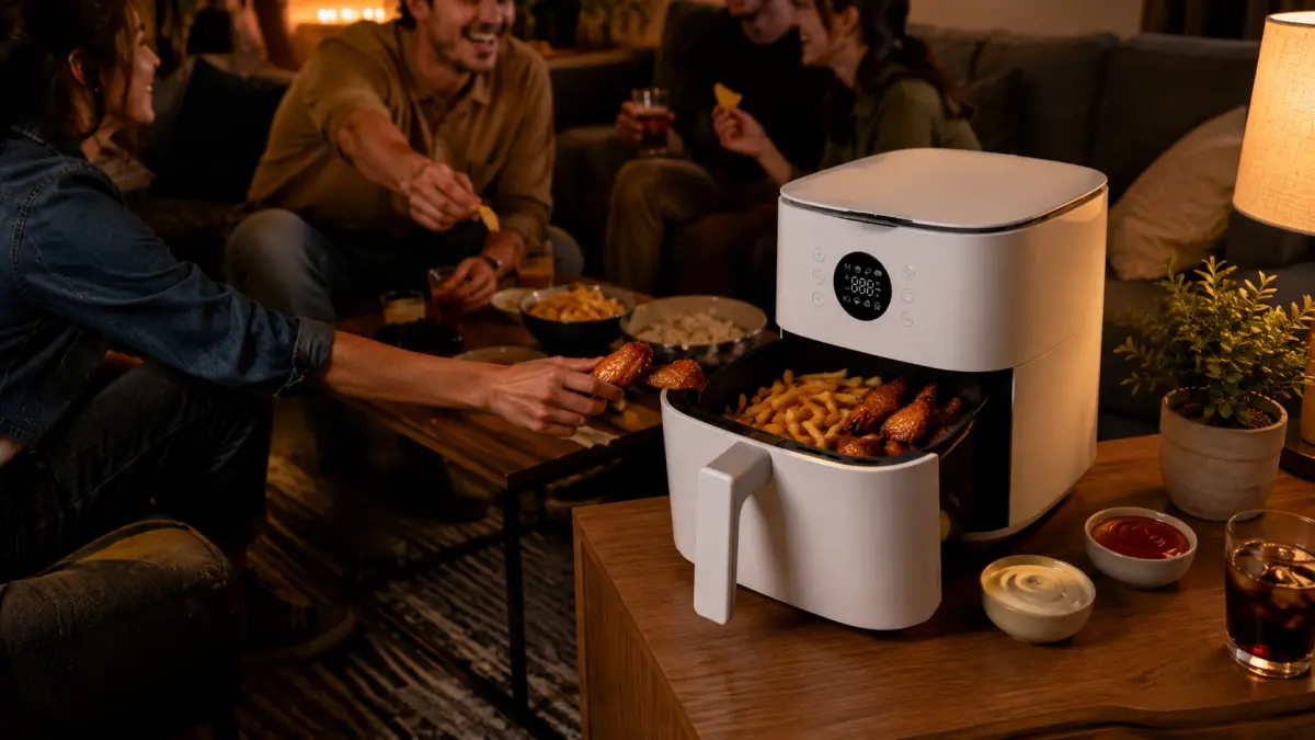 Freidora blanca con patatas fritas y alitas sobre una mesa durante una reuni&oacute;n nocturna