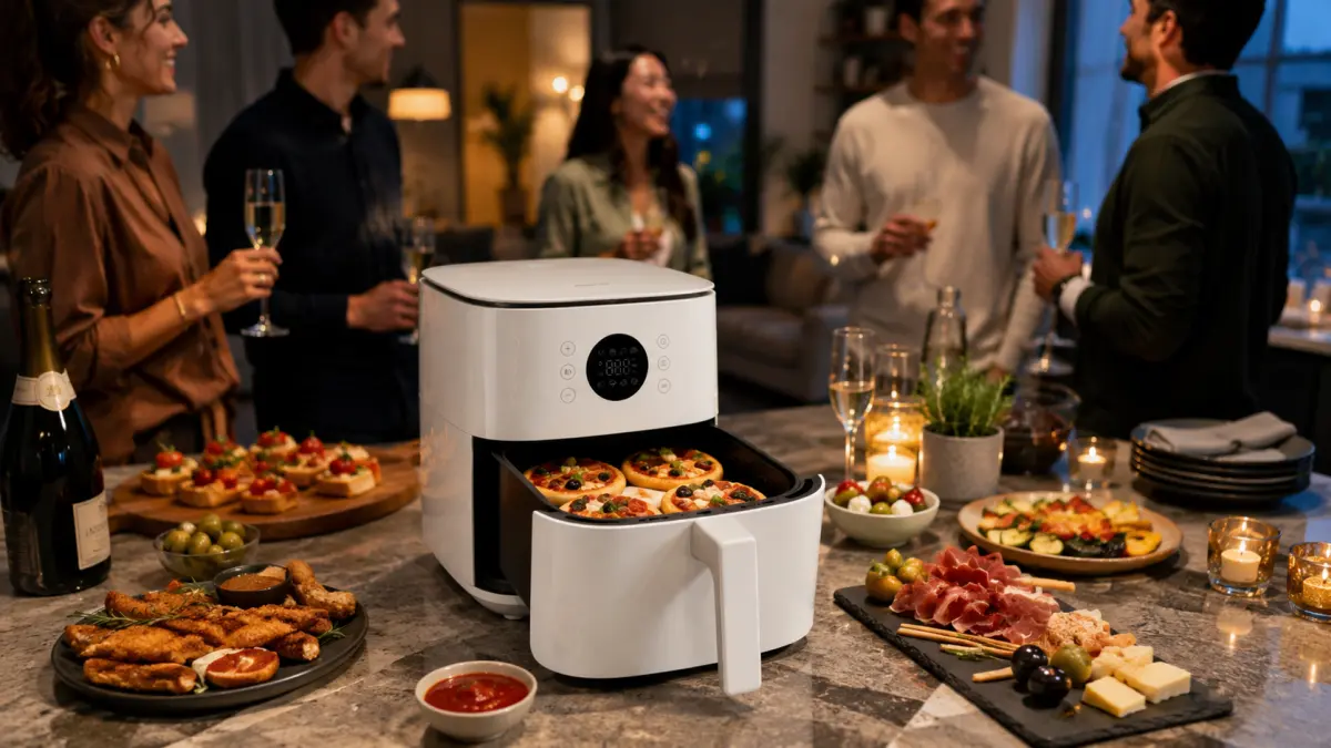 Freidora blanca con mini pizzas sobre la encimera durante una reuni&oacute;n nocturna con amigos