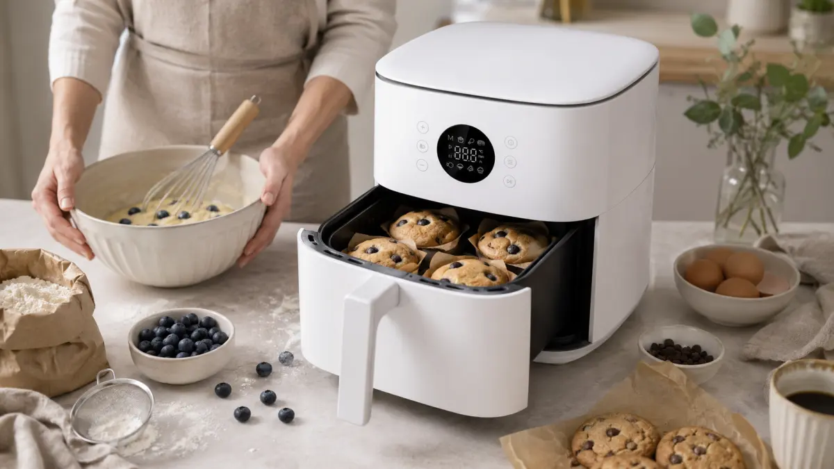 Freidora blanca con galletas, junto a un bol con masa e ingredientes para hornear