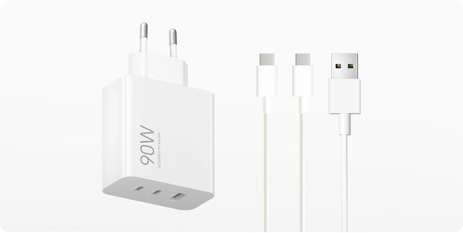 Widok ładowarki Xiaomi 90W z trzema portami, napisem „90W” i logo GaN, na białym tle