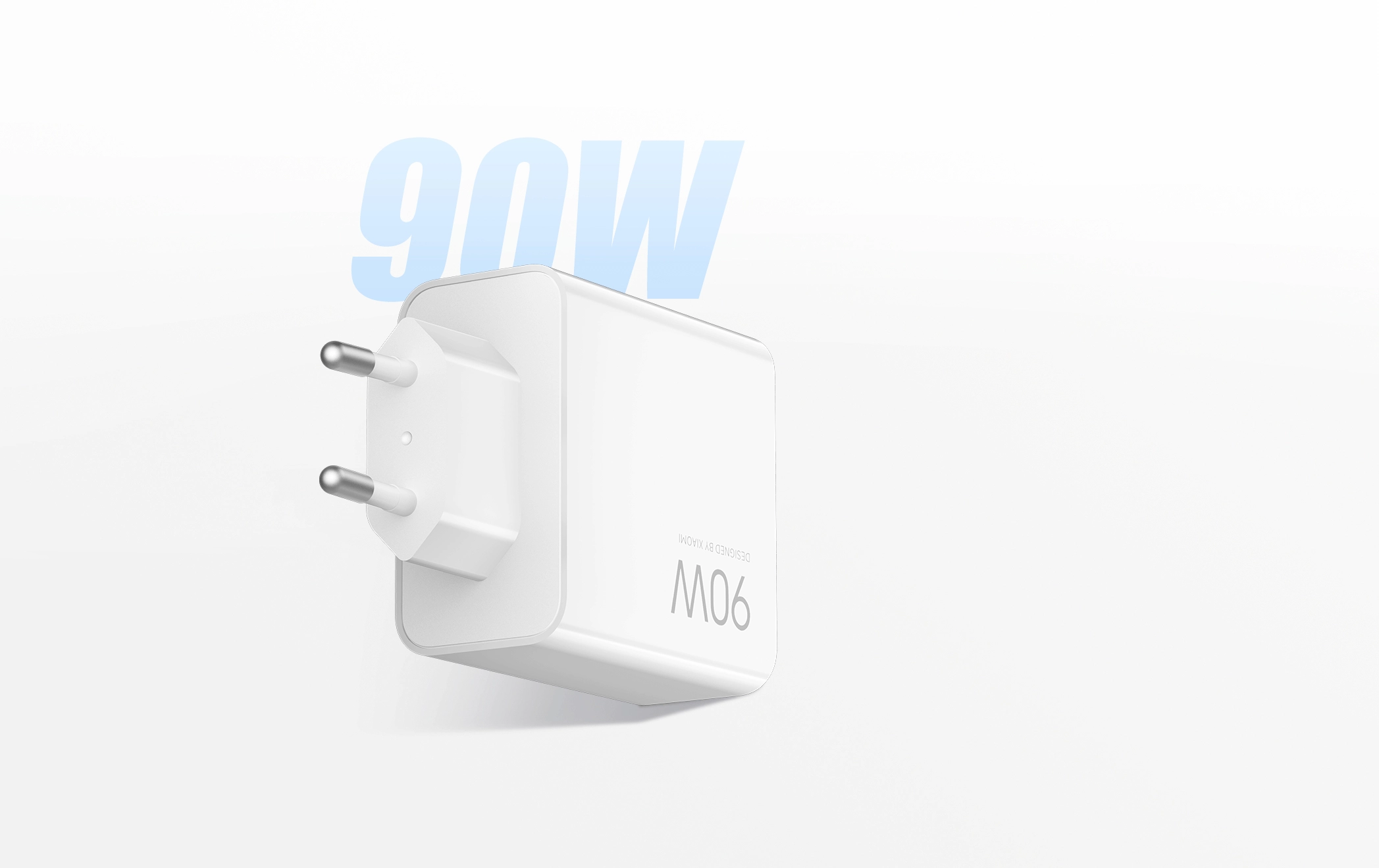 Ładowarka Xiaomi 90W HyperCharge Power Adapter 3-Port EU z trzema portami, ukazana z lekkim przesunięciem, z napisem „90W” na boku.