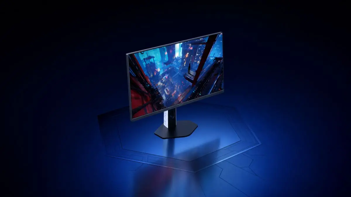 Monitor gaming visto de ângulo com uma cidade futurista no ecrã.
