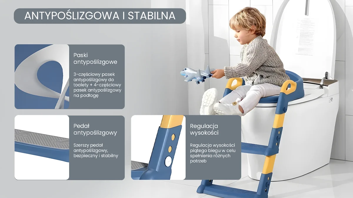 Dziewczynka siedząca na drabince dla dzieci do toalety Extralink Kids; zbliżenia na antypoślizgowe detale