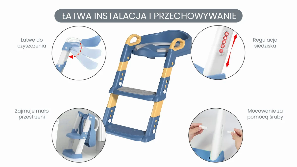 Instrukcja montażu niebieskiej drabinki dla dzieci do toalety Extralink Kids z funkcją składania i regulacji