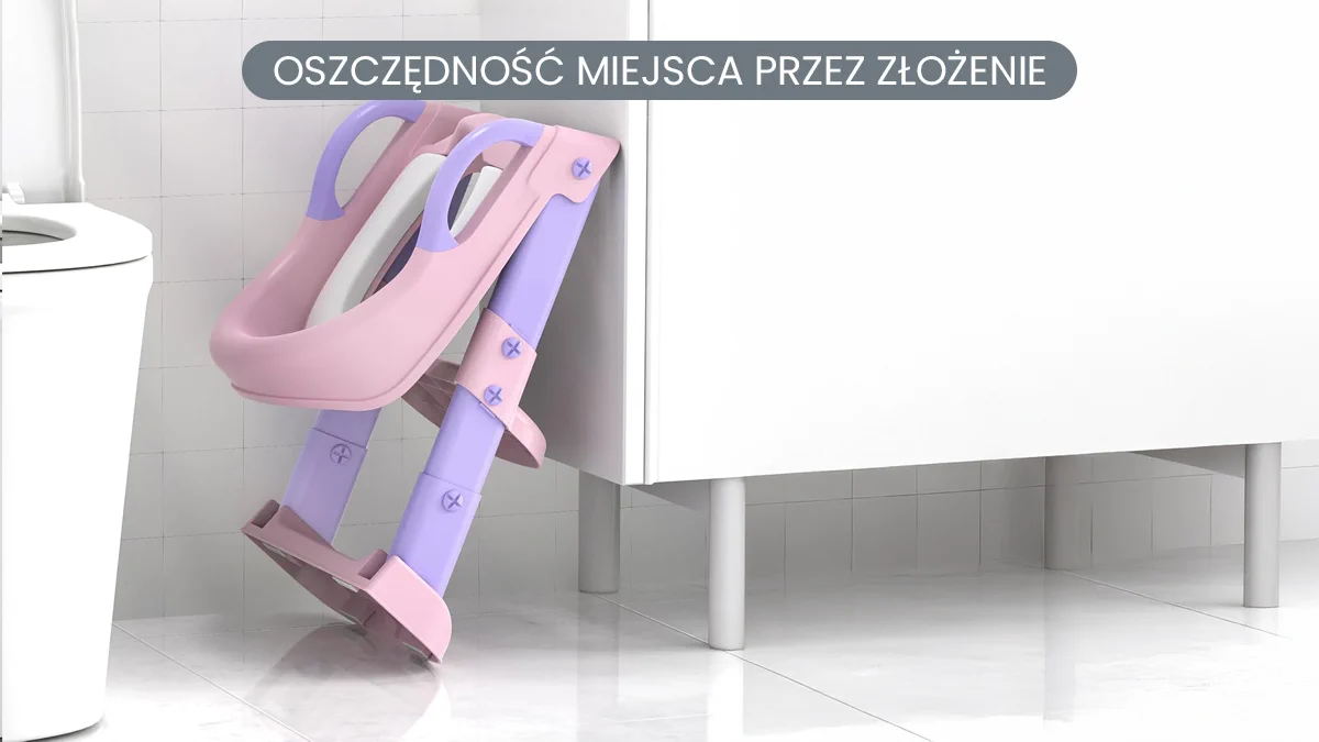 Złożona, różowo-fioletowa drabinka dla dzieci do toalety Extralink Kids oparta o szafkę