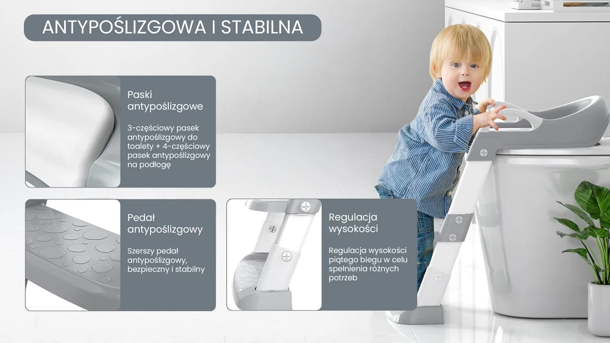 Dziecko wspinające się na drabinkę dla dzieci do toalety Extralink Kids; zbliżenia na antypoślizgowe detale