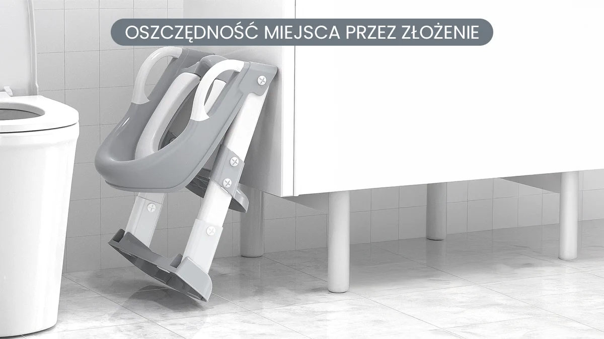 Złożona, szara drabinka dla dzieci do toalety Extralink Kids oparta o szafkę