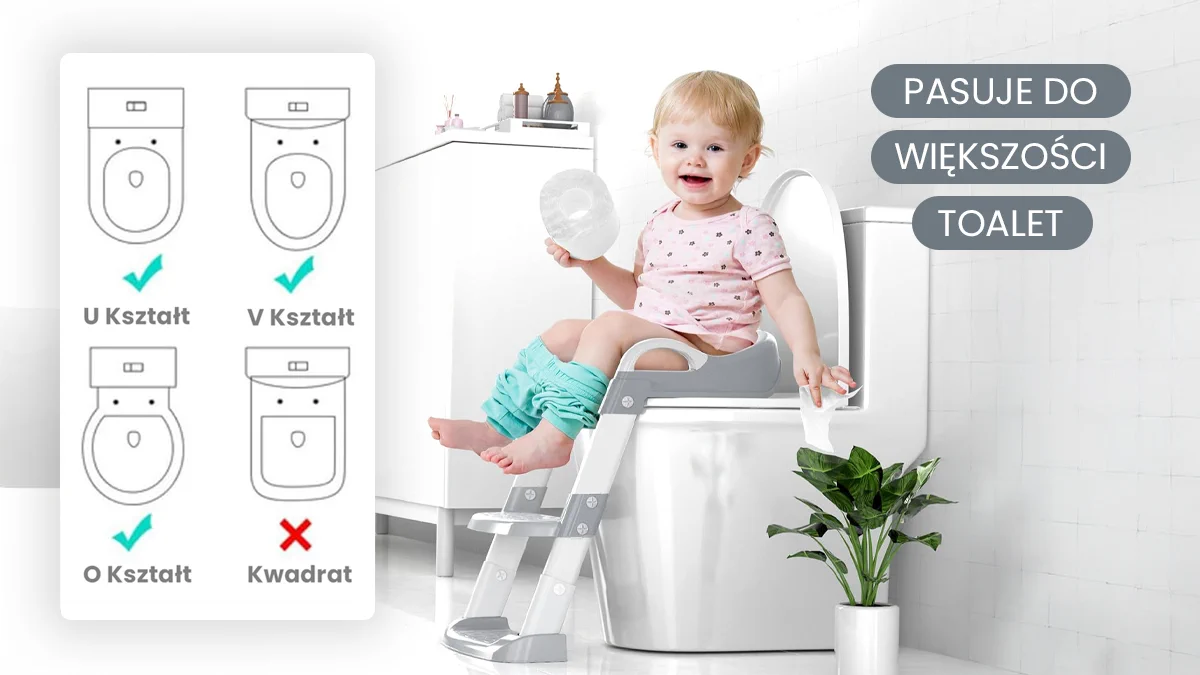 Szczęśliwe dziecko siedzące na szarej drabince Extralink Kids na toalecie; ikony pasujących kształtów