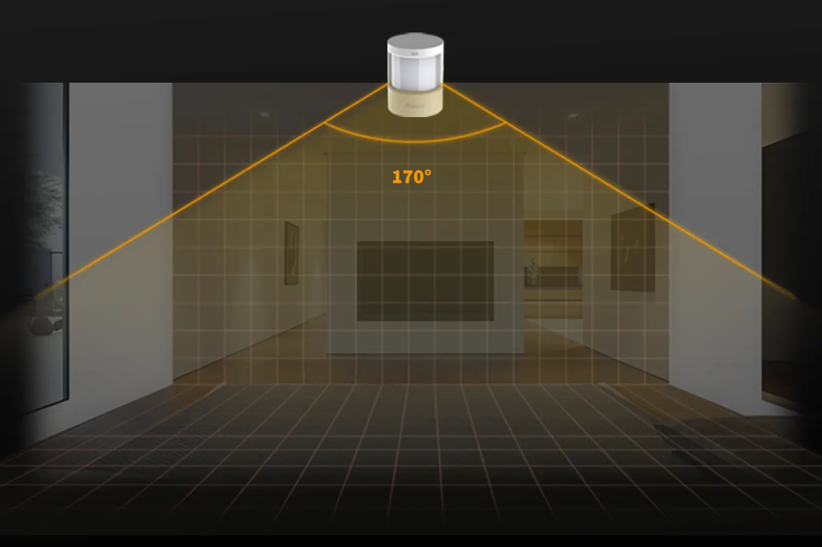 Czujnik ruchu z kątem widzenia 170°, przedstawiony w przestronnym wnętrzu
