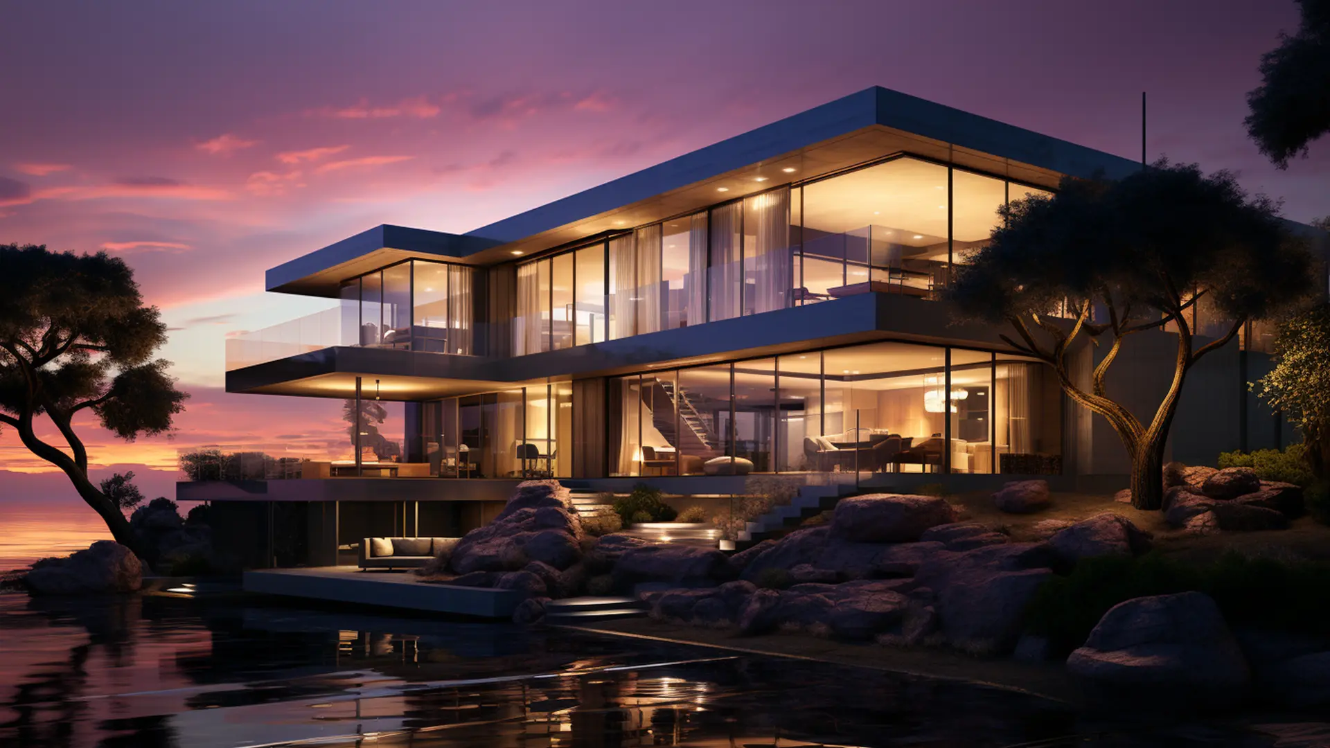 Willa nad jeziorem, nowoczesna architektura z dużymi oknami, oświetlona zachodzącym słońcem