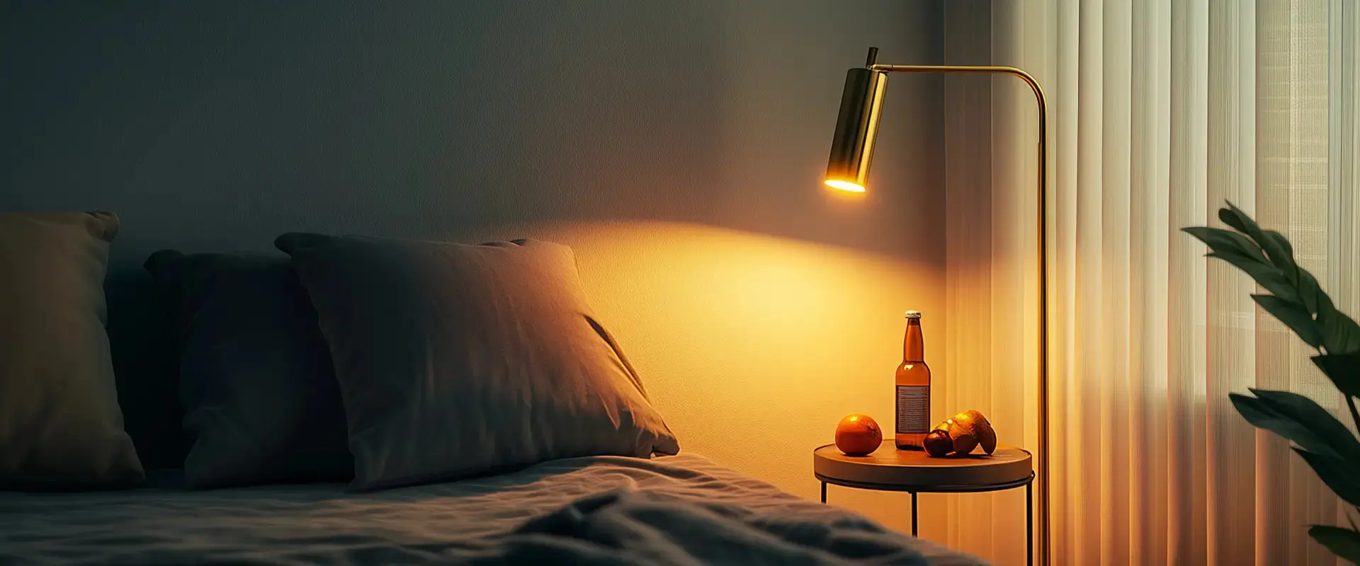 Lampka nocna przy łóżku, z butelką napoju i owocami na stoliku nocnym w ciepłym oświetleniu