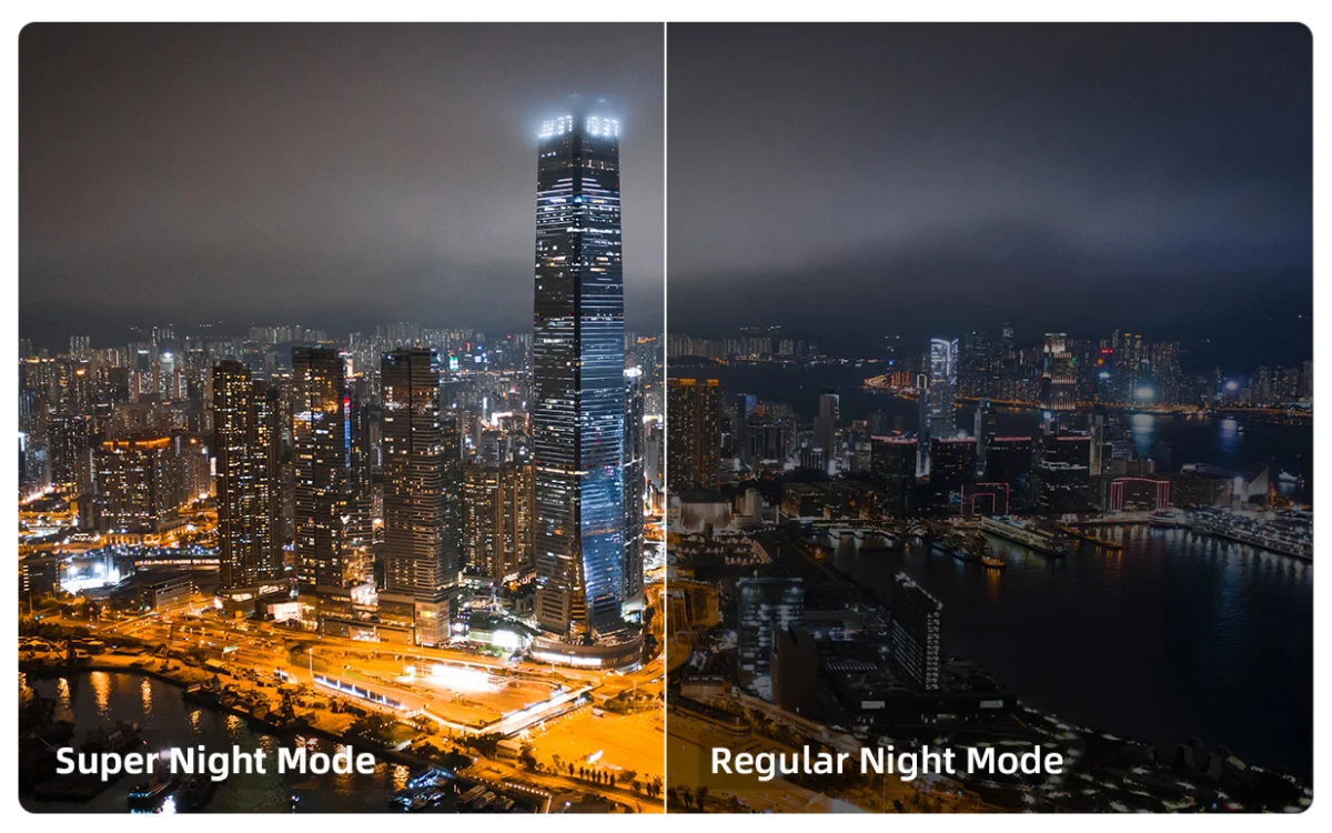 porównanie dwóch nocnych ujęć panoramy miasta. Lewa strona to tryb nocny a prawa to tryb zwykły