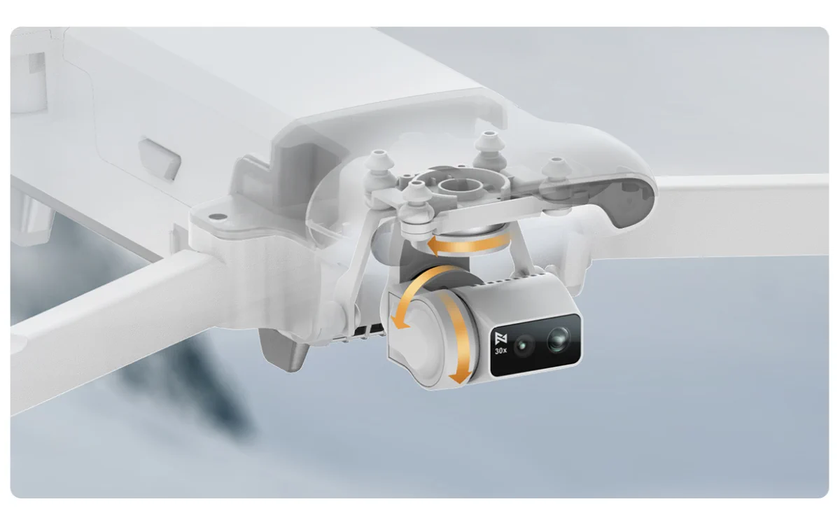 zbliżenie na kamerę i gimbal drona FIMI X8 Tele, z strzałkami ilustrującymi jego możliwości ruchu i stabilizacji