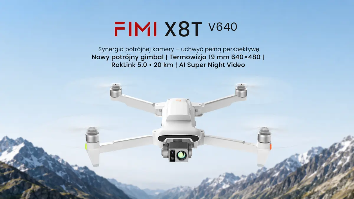 Dron FIMI X8T V640 w locie nad górami z potrójną kamerą, termowizją 640 × 480 i zasięgiem 20 km