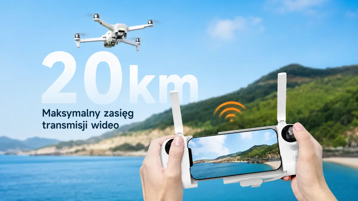Kontroler FIMI X8T V640 z podglądem obrazu na smartfonie i informacją o zasięgu transmisji wideo 20 km