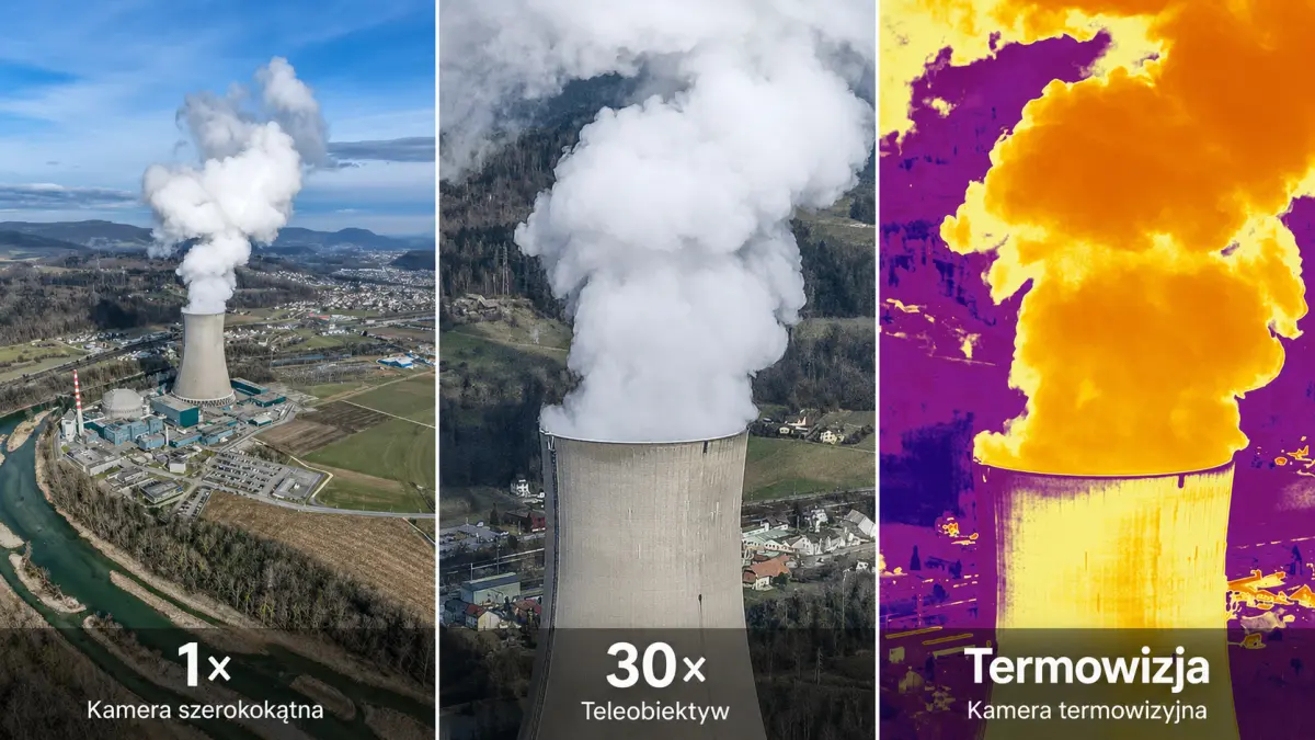 Porównanie obrazu z drona FIMI X8T V640: kamera szerokokątna, teleobiektyw 30x i widok termowizyjny