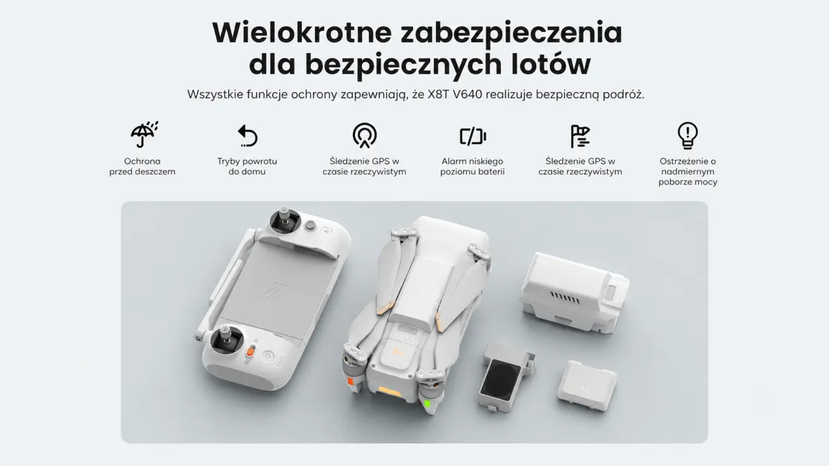 Zestaw FIMI X8T V640 z dronem, kontrolerem, baterią i akcesoriami oraz systemami zabezpieczeń lotu