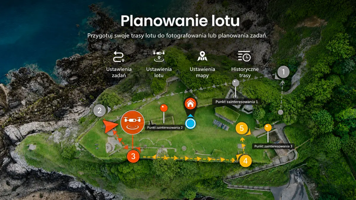 Funkcja planowania lotu w FIMI X8T V640 z mapą trasy, punktami zainteresowania i ustawieniami misji