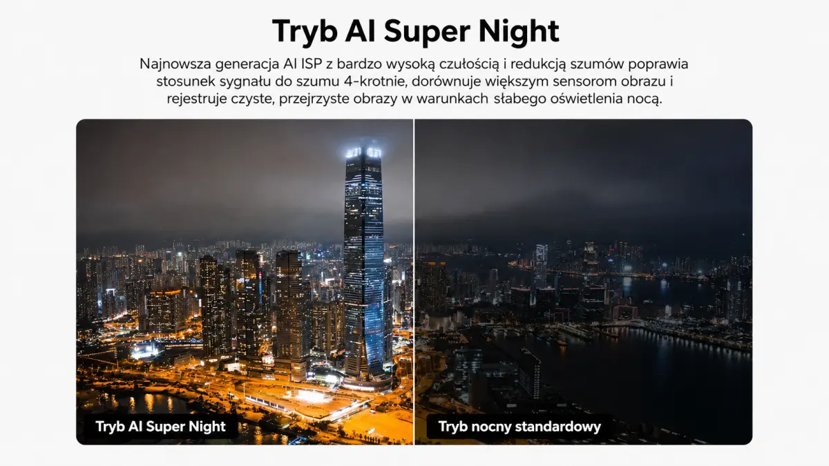 Por&oacute;wnanie trybu AI Super Night i standardowego trybu nocnego w dronie FIMI X8T V640 podczas nagrań po zmroku
