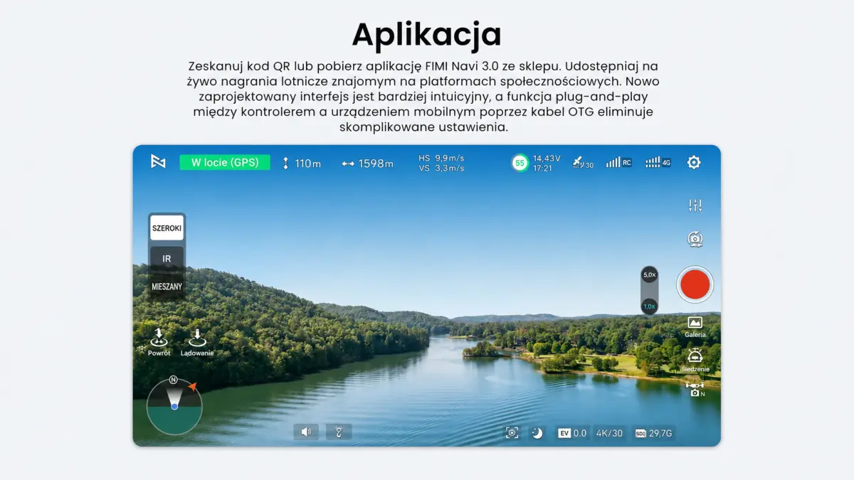 Aplikacja FIMI Navi 3.0 z podglądem lotu drona FIMI X8T V640, mapą, parametrami i trybami kamery