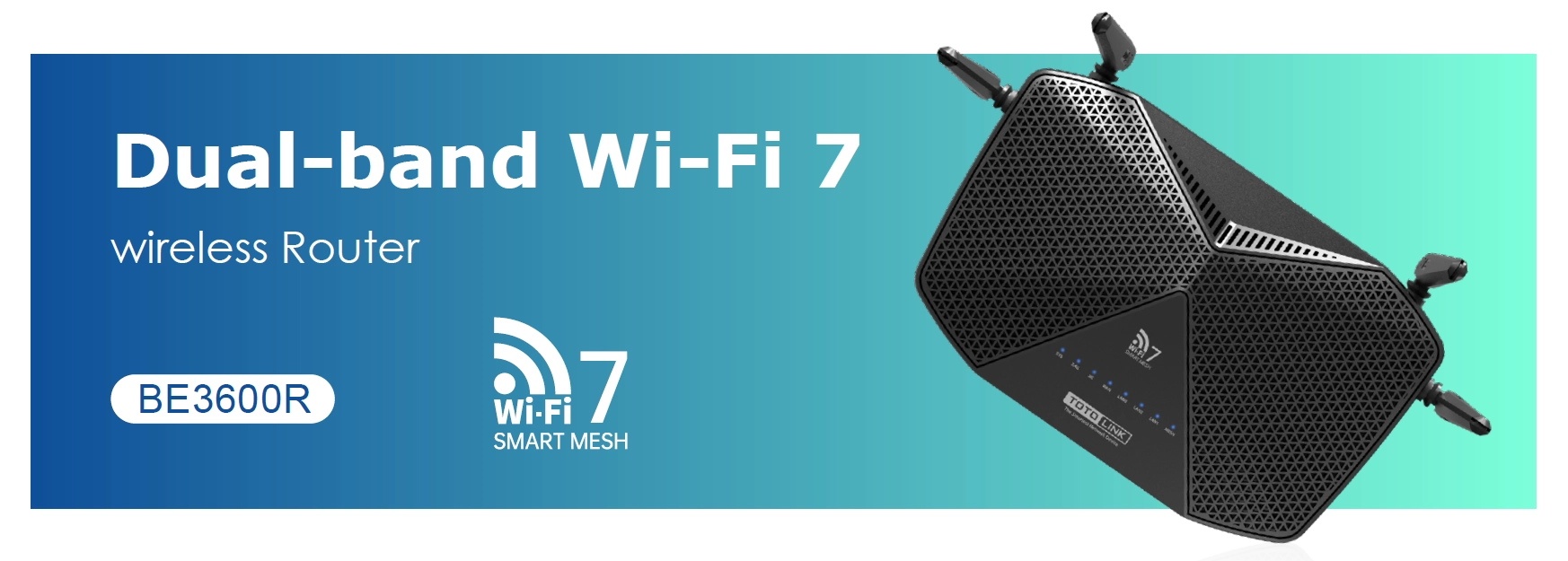 Totolink BE3600R Router Wi-Fi 7 de banda dupla em fundo azul com logótipo, LEDs, painel frontal visível com marcação Wi-Fi 7