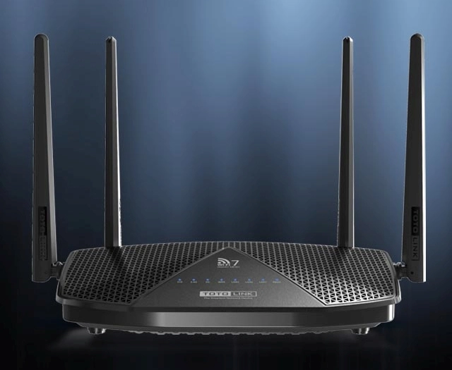 Totolink BE3600R Router Wi-Fi 7 de banda dupla em ambientes escuros com quatro antenas, iluminação LED do painel frontal