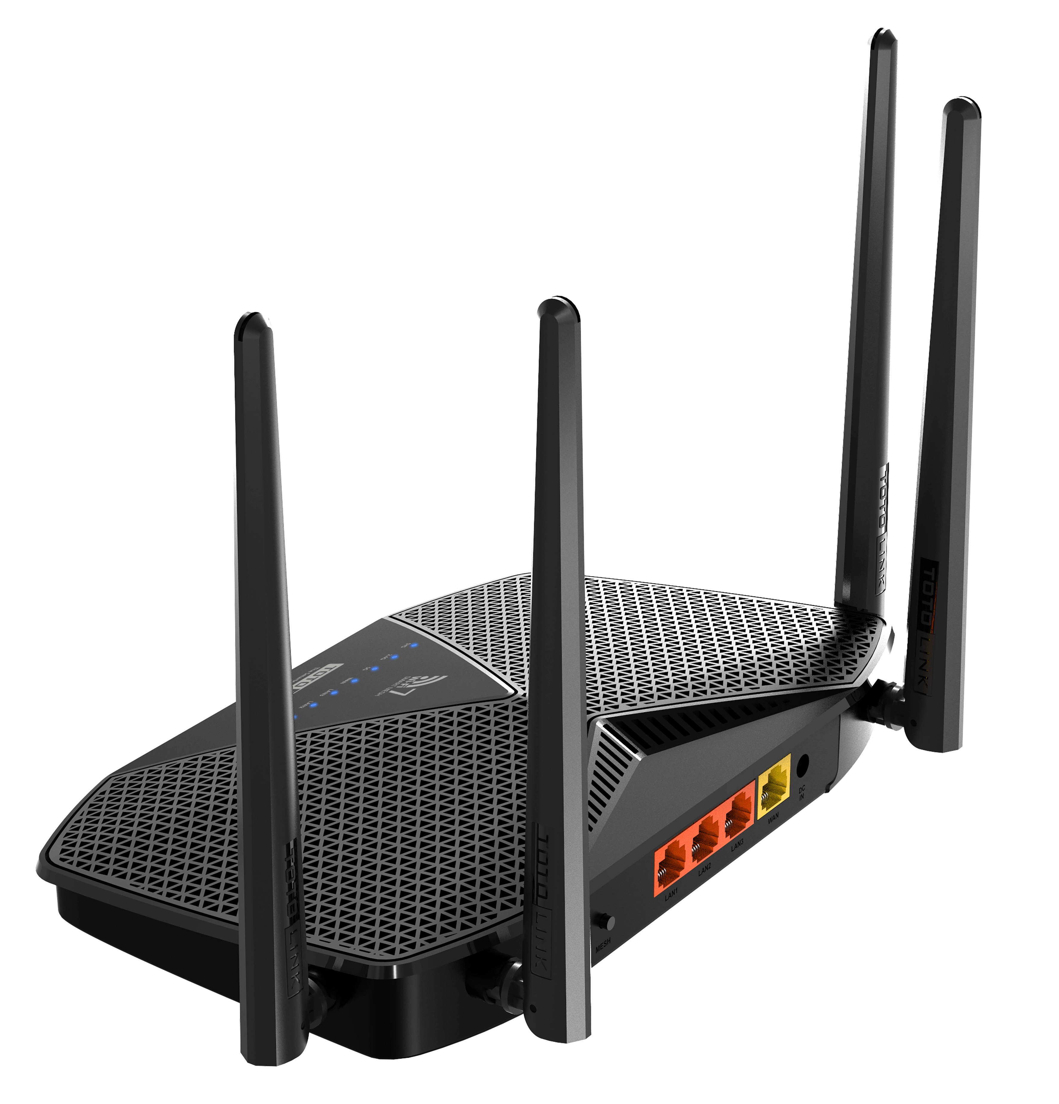 Router Totolink BE3600R com quatro antenas, portas LAN e WAN, LEDs que indicam o estado da ligação