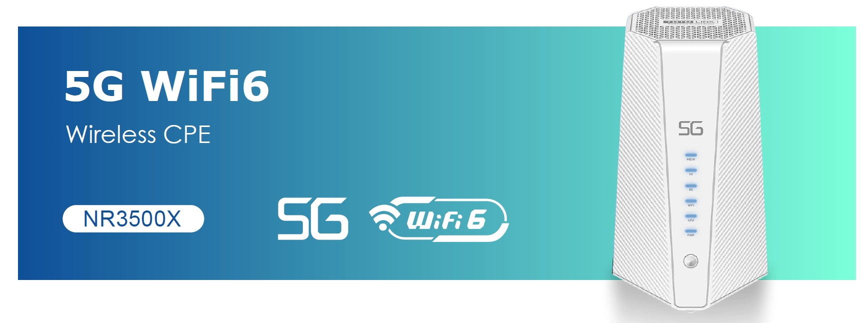 Маршрутизатор Totolink NR3500X 5G WiFi6 на белом фоне с логотипом, светодиодами и кнопкой, видимая передняя панель с маркировкой 5G