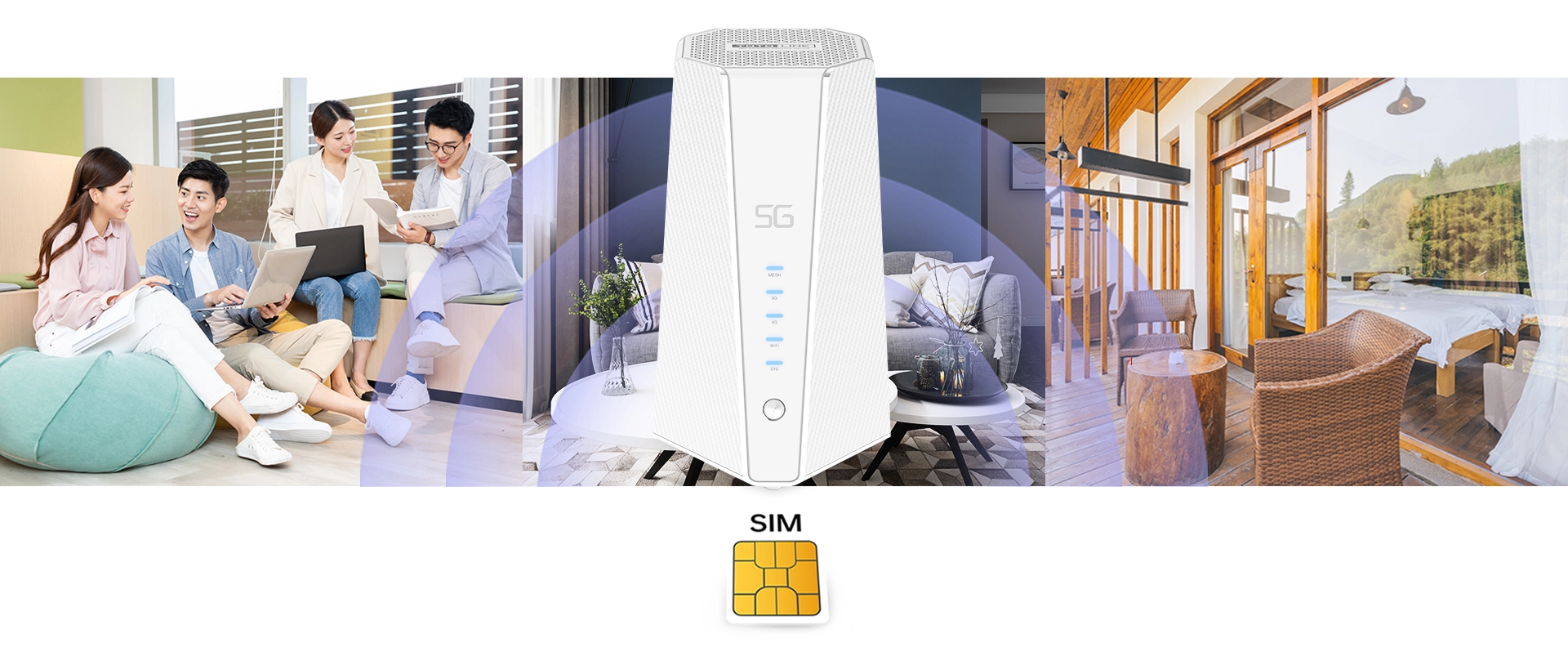 В комнате, маршрутизатор Totolink NR3500X 5G WiFi6 рядом с четырьмя людьми, использующими ноутбуки, SIM-карта со значком внизу