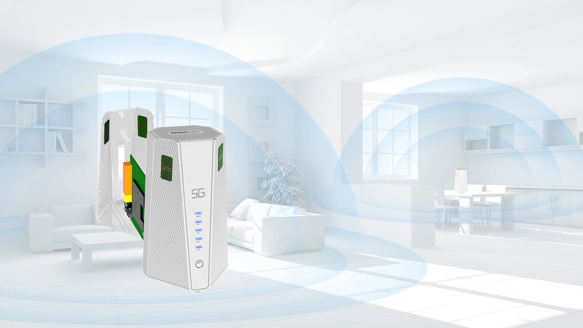 Totolink NR3500X 5G WiFi6 с эффектом распространения сигнала и частичным видом внутренних компонентов рядом