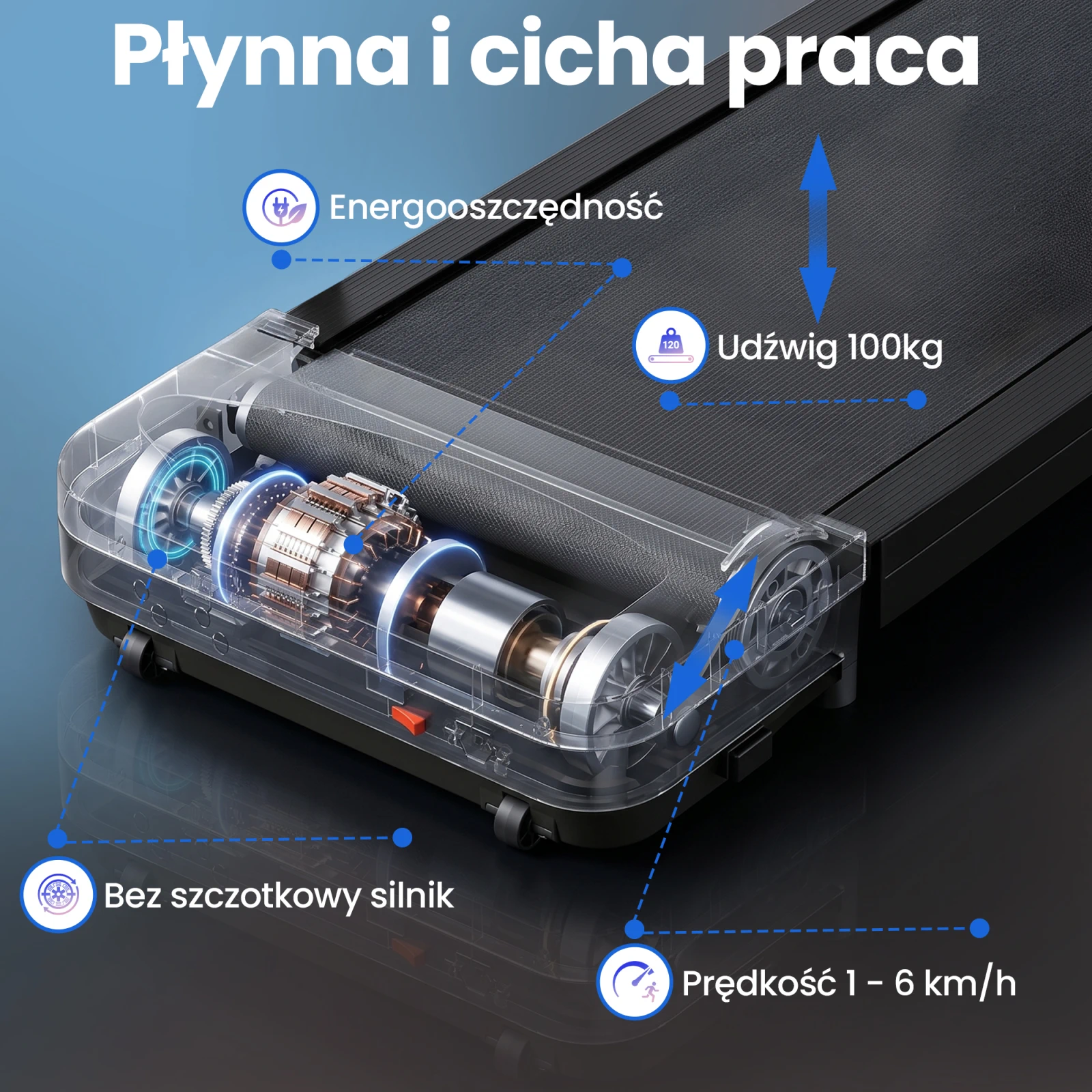 Przekrój techniczny wnętrza czarnej bieżni treningowej ukazujący mechanizm silnika elektrycznego.