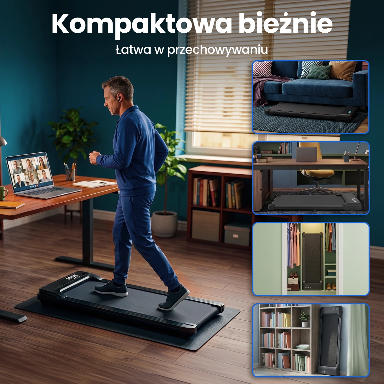 Mężczyzna maszerujący na bieżni przed biurkiem z laptopem oraz cztery miniatury pokazujące przechowywanie urządzenia.
