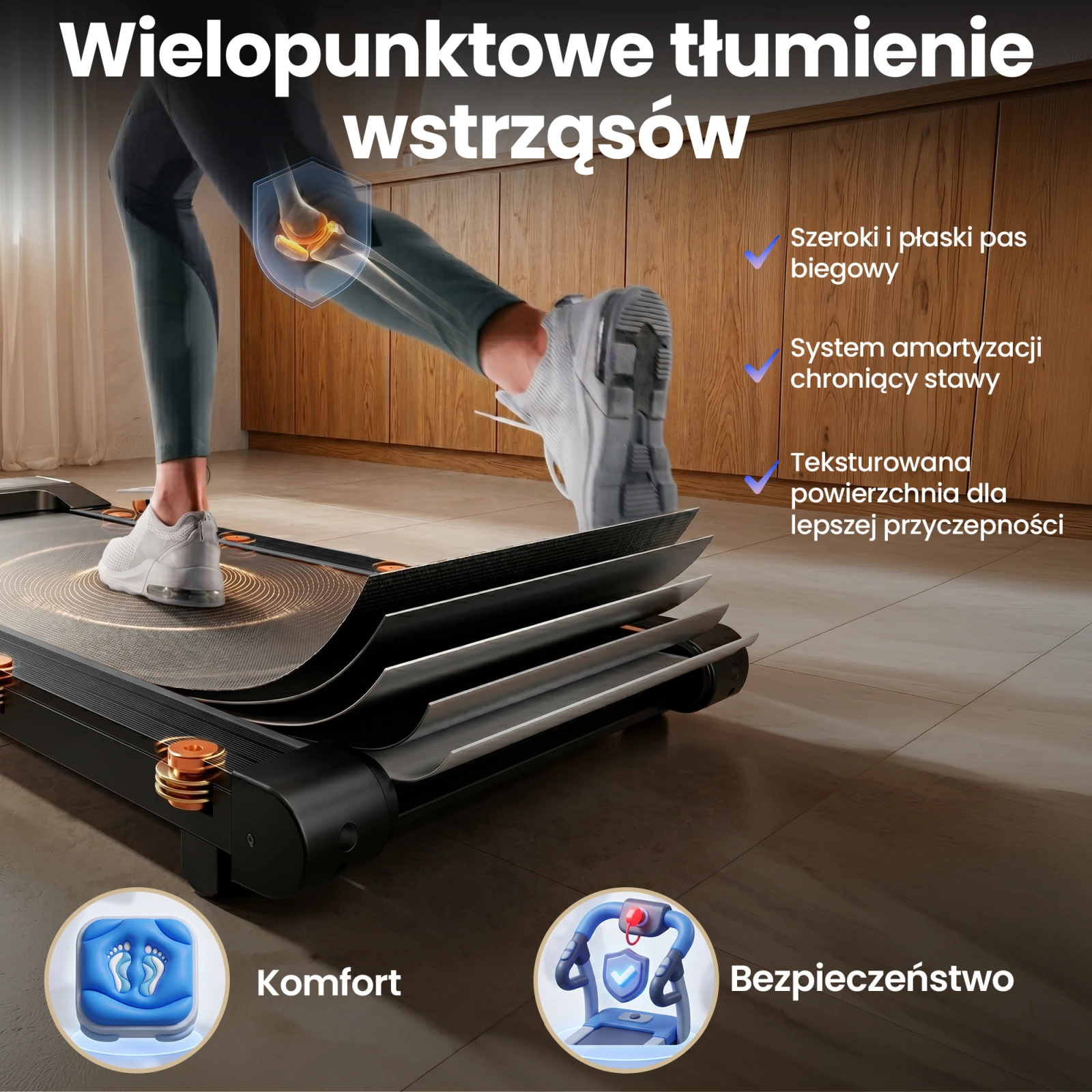 Nogi biegnącej osoby na przekroju warstw pasów amortyzujących bieżni z grafiką anatomiczną kolana.